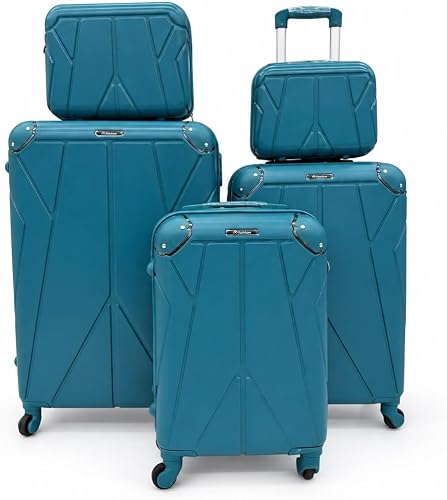 5 Piece Teal Blue Hard Shell Luggage Set 27", 23", 19" + 2 Beauty Cases