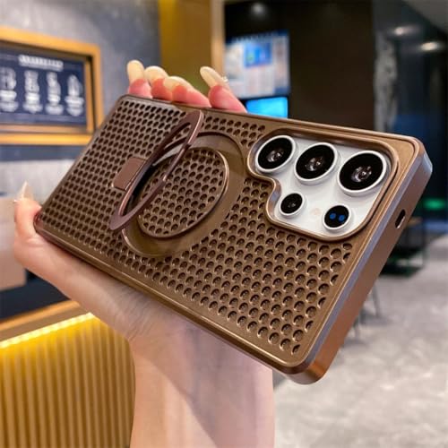 Coque Galaxy S25 marron de luxe avec support magnétique et grille