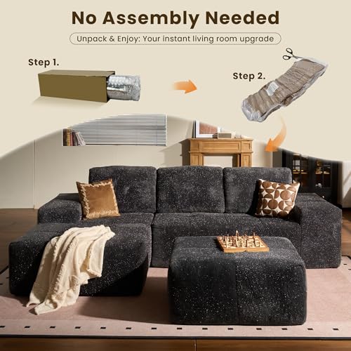 Image of 114 inch Glitter Cloud Sectional Couch with L-Shape Chaise & Ottoman, Modern Boneless Couches for Living Room, Fluffy Tufted Deep Seat Modular Sofa No Assembly (Gray Sparkly Velvet,Left Facing)