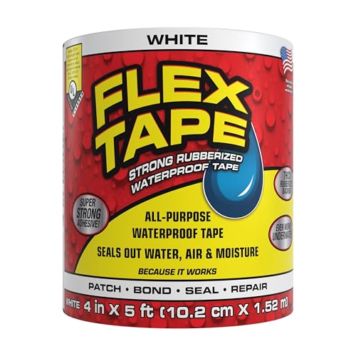 Flex Tape, Original Thick Flexible Rubberized Waterproof Tape - Seal and Patch Leaks, Works Underwater, Indoor Outdoor - Home RV Roof Plumbing and Pool Repairs, White, 4 in x 5 ft, Pack of 1