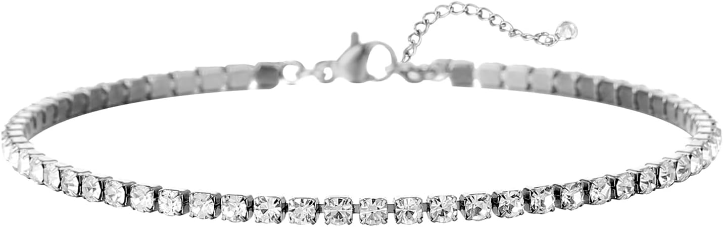 18K White Gold Plated Tennis Anklet for Women 3mm/4mm/5mm Wide Stainless Steel Gold Ankle Bracelets for Women Waterproof Never Tarnish