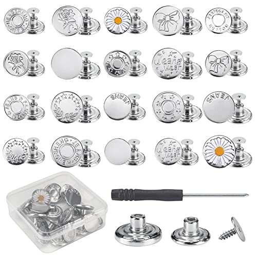 Lot de 20 boutons jeans de 17 mm et 20 mm de rechange pour jeans sans couture, boutons de pantalon immédiatement amovibles, bouton métallique amovible pour prolonger ou réduire la largeur du pantalon Cover