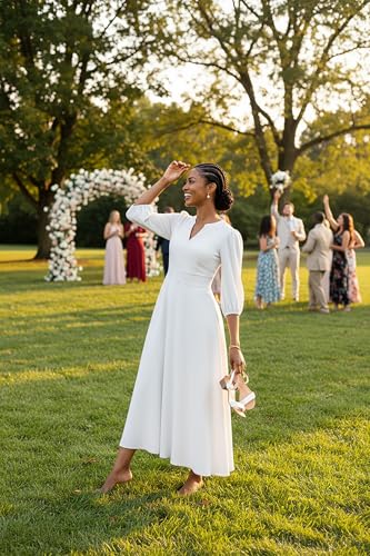 Image of FANDEE Maxi Dress for Women Casual 3 /4 Sleeve V Neck Semi Formal Fit and Flare Dress Classy High Waist Wedding Guest Dresses