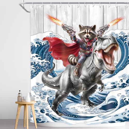 Image of Funny Raccoon Riding Dinosaur Shower Curtain Kids 60Wx72H Inch Decor