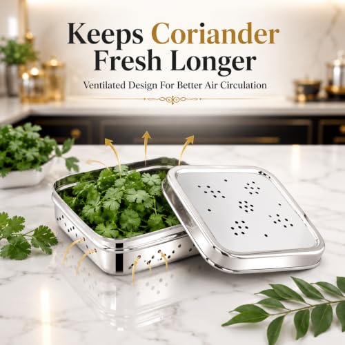 Image of Kanshita's Rasoiware Stainless Steel Coriander Storage Container with Ventilated Lid, Food Grade Kitchen Storage Box for Coriander, Mint, Curry Leaves & Spices, 11.7 x 4.5 cm, Set of 1