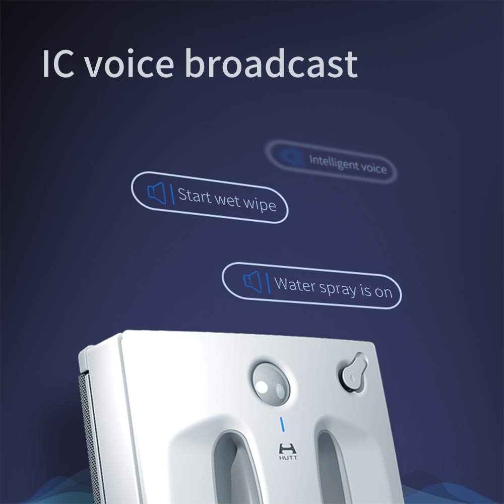 Hutt W66 robot with speech bubbles indicating 'Start wet wipe' and 'Water spray is on' from its IC voice broadcast feature.
