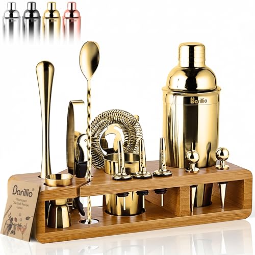 Barillio Kit de Barman doré – Ensemble Shaker à Cocktail en Acier Inoxydable avec Support en Bambou – Outils de Bar mixologie avec Shaker, cuillère mélangeur et Pilon pour Cocktails – Accessoires de
