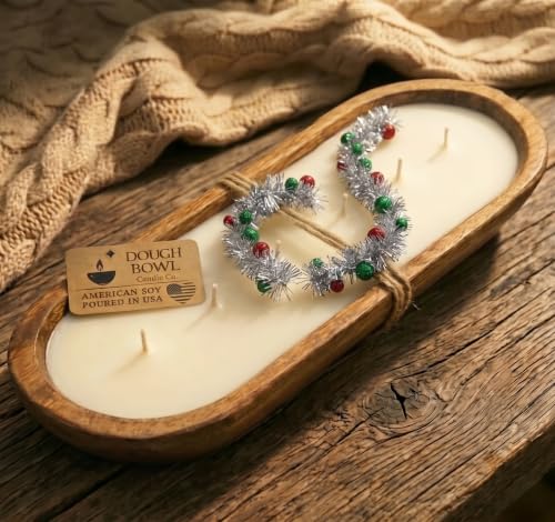 Dough Bowl Candle Co. Christmas Tree Soy Candle - 6 Wick Rustic Farmhouse Decor Odor Eliminator in Ornamental Wooden Bowls, 32 Ounce All-Natural Gifts for Women and Men, Wooden Decor Dough Bowls