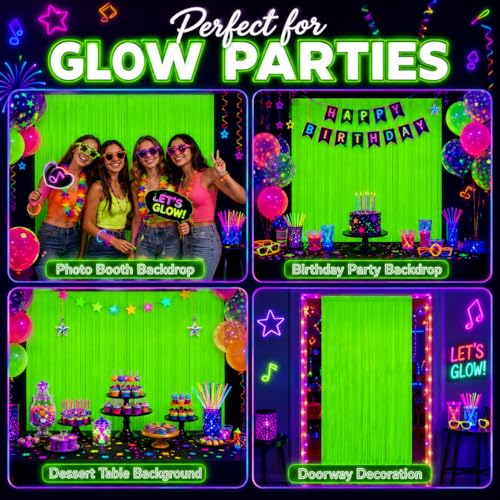 Image of 2 Pack Glow in The Dark Curtains Party Supplies 6.6 x 3.3 Ft Glow Tinsel Foil Fringe Curtains Photo Booth Prop Backdrop Streamer for Birthday Holiday Neon Party Decorations