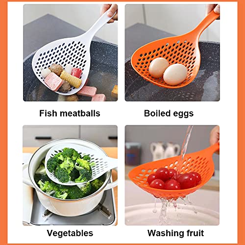 2 Pieces Strainer Scoop Colander Slotted Pasta Spoon Plastic Skimmer Spoon With Handle Food Drain Shovel For Kitchen Cooking, White And Orange #TOP5