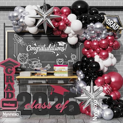 Image of 2026 Graduation Party Decorations, 138Pcs Burgundy White Silver Black Congrat Grad Balloons Arch Garland Kit, Class of 2026 Graduation Birthday So Proud Of You Decorations