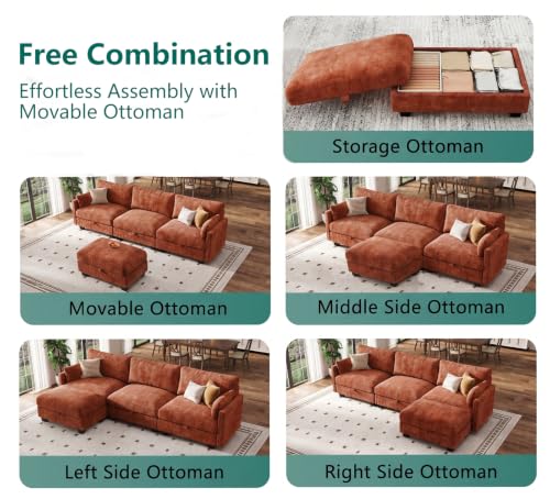 Image of Modular Sectional Sofa, 101 inch L Shaped Couch with Storage | High Resilience Foam, 22 inch Seat Depth, Movable Ottoman, Comfy Chenille, Easy Assembly, Orange