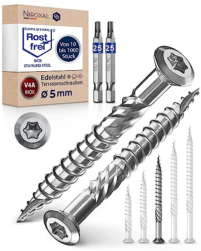 Tornillos para terraza 5 x 60 de acero inoxidable A4 con cabeza lenticular muesca de corte y aletas peladoras para, 500 unidades, tornillos Torx hexagonales, 60 mm de largo + 2 punta Torx hexagonal