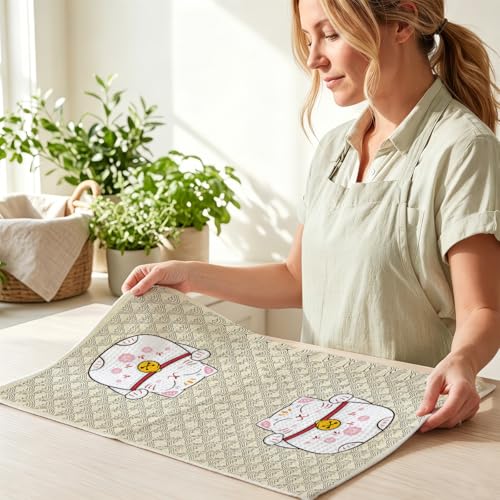 Image of 2 Pcs Japanese Lucky Cat Kitchen Towels 24x14 Inch, Maneki Neko Gifts Reusable Dish Towels for Kitchen Bathroom Decor, Waffle Weave Hand Cloth Tea Towel, Cute Cat Lover Gifts for Women Mom Friend