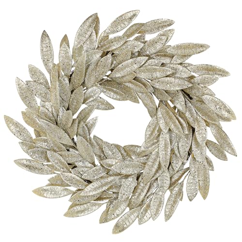 Gold Christmas Wreath 1820 Inch Artificial Glitter Christmas Wreath Golden Bay Leaves Wreaths Holiday Gold Laurel Leaves Decor for Front Door Wall Mantle Xmas Party Holiday Decoration - Champagne