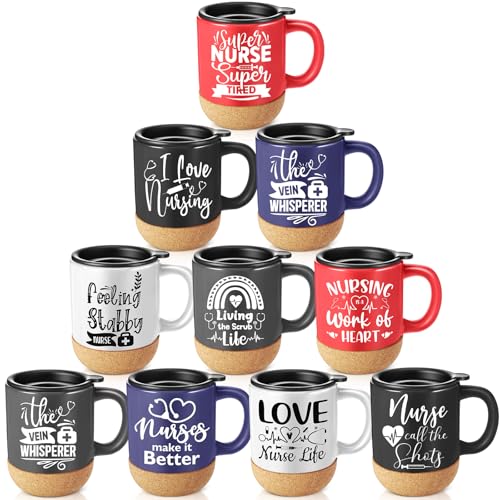 Teenyyou 10 Pcs Nurse Coffee Mugs with Lid,Vibrant Color,Inspirational