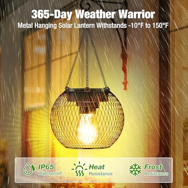 Solar Lanterns Outdoor Waterproof 4 Pack, Upgraded Metal Solar Hanging Lights with Hooks & Auto On/Off, Brighter Warm Outdoor Hanging Lantern Lighting for Porch Garden Yard Pathway Decor