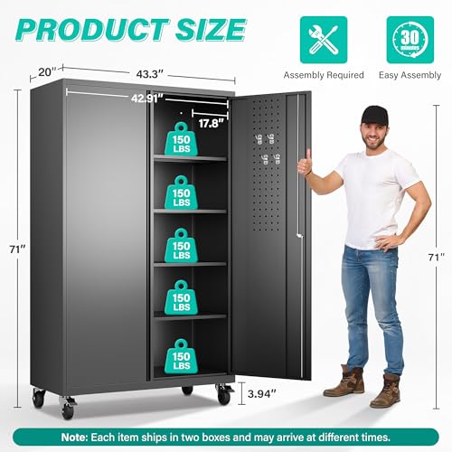 Image of SISESOL Wide & Deep Metal Storage Cabinet with Wheels,Tall Rolling Garage Storage Cabinet with Lock,Black Metal Cabinets with Pegboards and Shelves,Tool Locker for Garage,Home,Office,43''Wx 20''Dx71 inchH