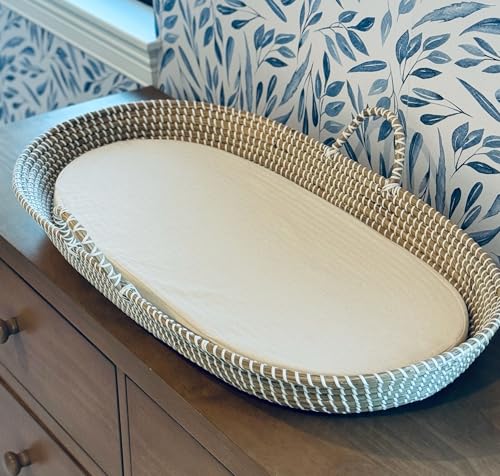 Seagrass Baby Changing Basket with Pad, Portable Diaper Topper, Hand-Woven Basket