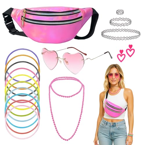 17 Stück 90er Jahre Accessoires, 90er Jahre Outfit Damen, Festival Party Outfit mit Bauchtasche Herzbrille Handgelenkbändern Ohrringe Perlenkette Tattoo Kette, für Karneval Halloween, für Ab 14 Jahren