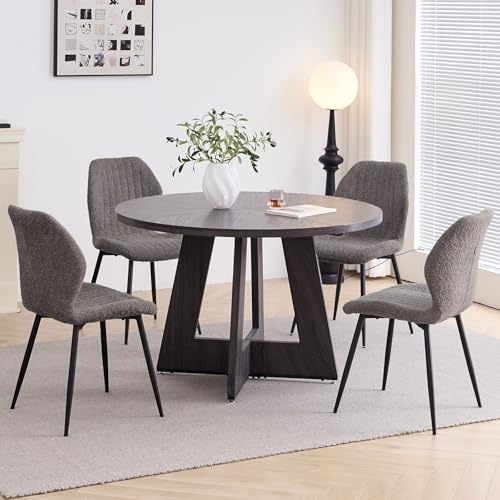 Image of 47 inch Round Dining Table Set for 4, Kitchen Table and Chairs | Wooden Cross Base, Boucle Fabric Chair, for Apartment