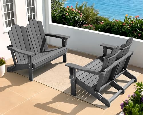 Image of SERWALL HDPE All-Weather Folding Adirondack Bench Set of 2, Grey