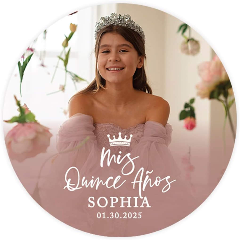 Andaz Press 40-Pack Personalized 2" Round Circle Quinceañera Labels, Mis Quince Años Sticker Labels with Custom Photo for Quince Favors Invitations XV, 15th Birthday, Quinceanera Decorations