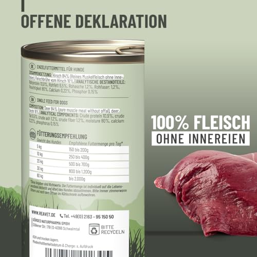 ReaVET Premium Hunde Nassfutter - Hirsch Pur 12 x 800g I Reines Muskelfleisch, Hypoallergen, ohne Getreide & Zusätze, Hundenassfutter sensitiv für Allergiker