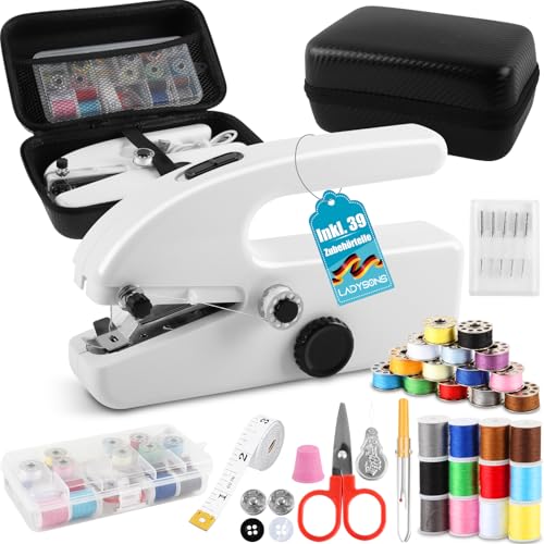 LADYSONS Máquina de coser a mano, mini máquina de coser eléctrica, portátil con caja de almacenamiento, accesorios de costura, 2 modos, ideal para principiantes y reparaciones rápidas de ropa y