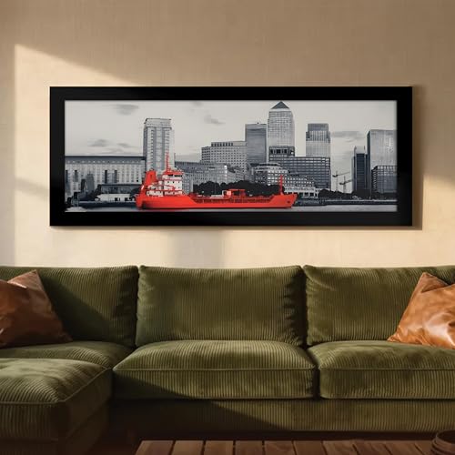 Image of PAINTINGMANTRA London City Sea View with Ship Black and White Wall Art Framed Luxury Paintings for Home Decoration, Living room, Bedroom and Office Decoration (99x38 CM)