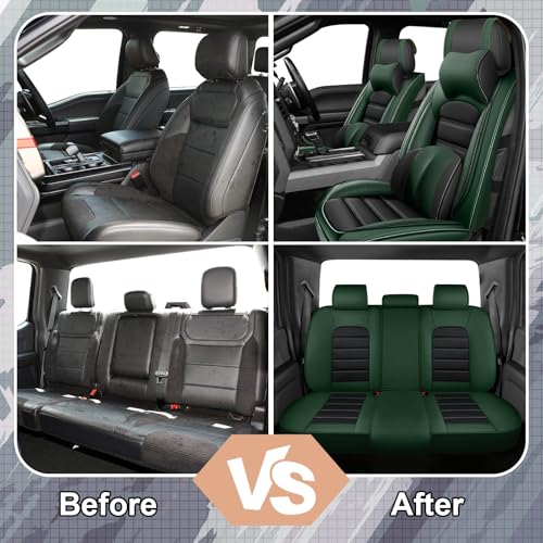 Image of Full Set Car Seat Covers for Ford F-150 F-250 F-350 XL XLT STX Lariat King Ranch Platinum Raptor Seat Covers 2007-2026, Waterproof Seat Protectors(Luxury 5 Seats /Black&Green)