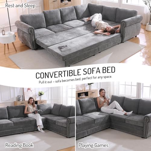 Image of KEIKI 118 inch Convertible Sofa Bed L-Shaped Sectional, King Sleeper Bed Sofa with Rolled Arm and Nailhead Trim, Chenille Upholstered Chesterfield Sofa, Light Gray