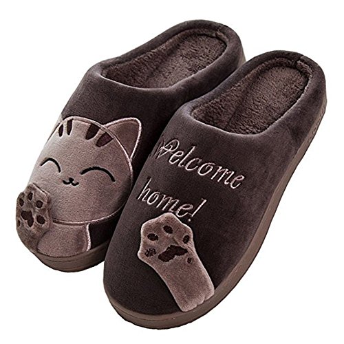 Cliont Mignon Chat Pantoufles Pantoufles Intérieur Anti Slip Chaussures Cadeau De Noël pour Les Femmes Et Les Hommes Marron,37/38 EU(Taille Fabricant 38/39)