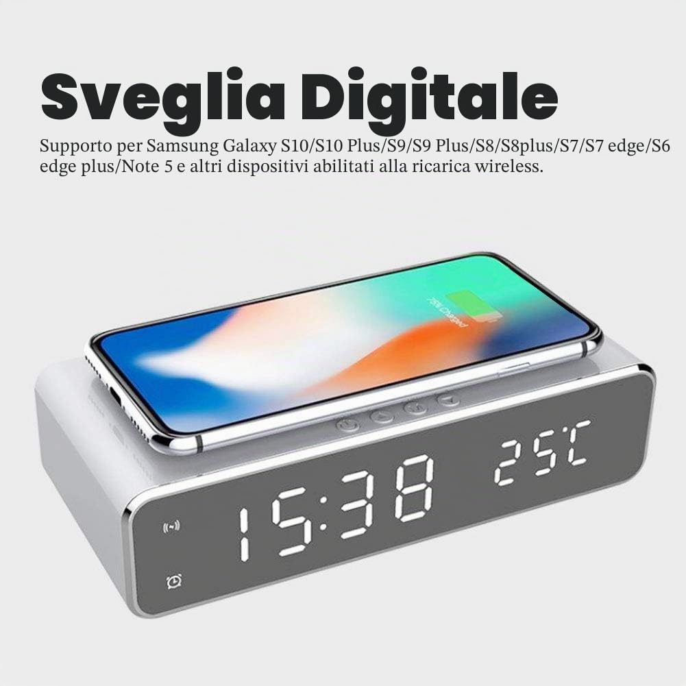 3 in 1 Orologio da Comodino Elettronico con Display LED Chiaro e Tappetino Ricarica Wireless Veloce per Casa, Hotel e Appartamento
