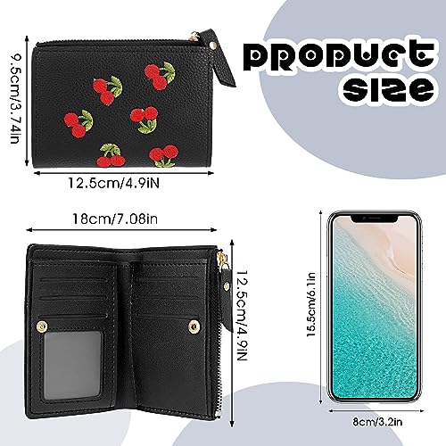 Women's Wallets, Short Cherry Embroidery Trend Ladies Small Wallets, Cute Small Wallets for Girls Leather Zipper Wallets (black)2
