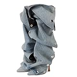 Arqa Womens Stiletto Heel Knee High Boots Pointed Toe Applique Denim Boot with Zipper Silver Buttons Fall Slouchy Boot Blue Size 8