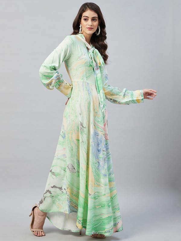 Image of Aaheli Women's Rayon Marbled Print Maxi Dress | Long Sleeve Tie-Neck A-Line Flared Dress | Casual, Party Western Outfit | Green