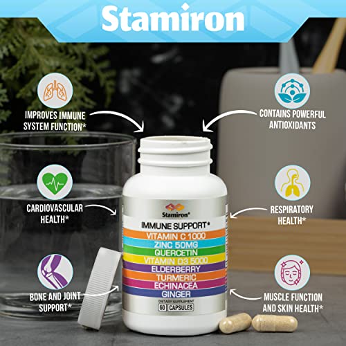Stamiron 8 IN 1 IMMUNE SUPPORT With Quercetin Zinc 50Mg Vitamin C 1000Mg Vitamin D3 5000 Iu And Elderberry Echinacea Ginger For Adults Kids - Vit D Immunity Defense Booster Supplement Veg Capsules Made In Usa thumb #2