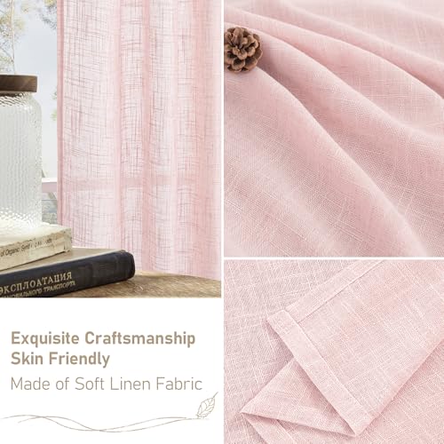 LAMIT Short Linen Curtains 30 Inch Length for Cafe, Semi Sheer Light Filtering Panels Back Tab and Rod Pocket Country Decor Drapes for Basement/Small Window, Pink, 2 Panels, 34 x 30 Inch