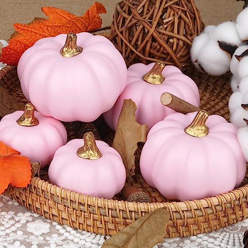 Image of Artmag Artificial Pumpkins Bulk 12Pcs Assorted Sizes Harvest Lifelike Pumpkin Fake Foam Pumpkin for Fall Autumn Halloween Home Party Thanksgiving Party Holiday Decor Pink