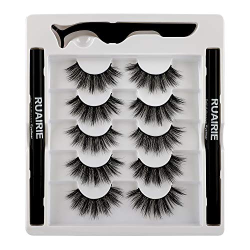 Ruairie False Eyelashes with Eyeliner, Fake Eyelashes with Magic Eyeliner 2 in 1 Self-Adhesive Lash Glue Liner 2 Pcs - Strong Hold for False Lashes 5 Pairs
