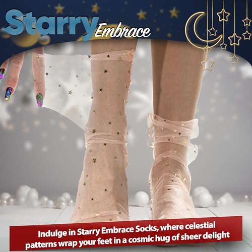Image of Peach Puff Delight: Women Sheer Slouch Tulle Socks | Shiny Glitter Novelty Decorated Loose Socks with Stars & Moon - Ankle High 1 Pair (US sizes 5-8)
