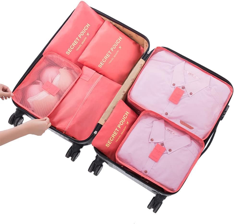 Miniatura 2 de Juego de 7 cubos de equipaje organizadores de equipaje de viaje con bolsa de zapatos para maleta, color rojo sandía