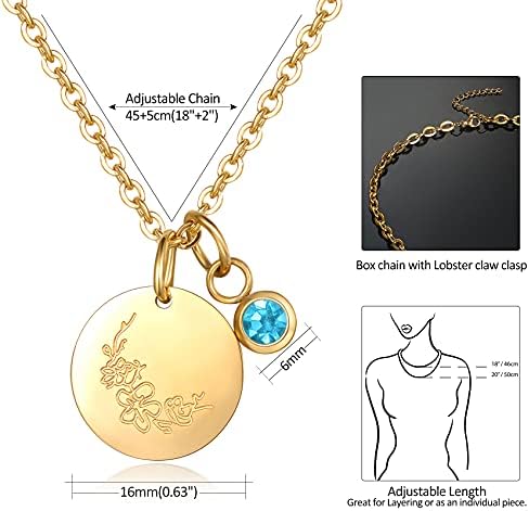 Birth Month Flower Necklace Birthday Gifts for Women - Round Disc Charm Birthstone Necklace | Dainty Gold Engraved Floral Pendant Necklaces for Teen Girls Best Friend, 18"+2"(with Gift Box)