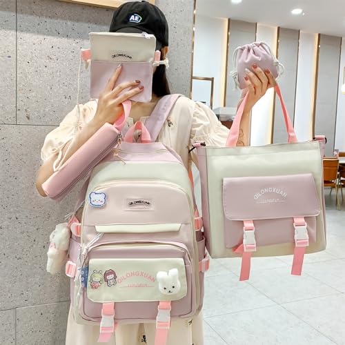 IvyH Schulranzen-Set 5-teilig, Schultasche Mädchen Rucksack Schule Teenager Schulrucksack für Mädchen der 3. bis 7. Klasse, School Bag Set mit Einkaufstasche Federmäppchen Brustbeutel,45 cm-Rosa
