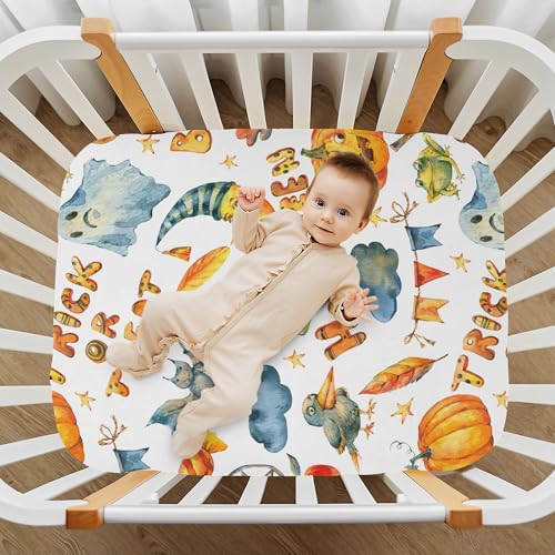 Image of Watercolor Halloween Party Crib Sheets Soft Breathable Fitted Baby Crib Sheets Mattress Cover for Girl Boys, 52 inch x 28 inch x 9 inch