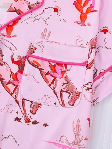 Image of RONGTAI Womens Pajama Sets Button Down Short Sleeve Western Horseman and Cacti Print Lapel Shirt with Pocket Matching Pj Shorts Two Piece Loungewear Set Pink S