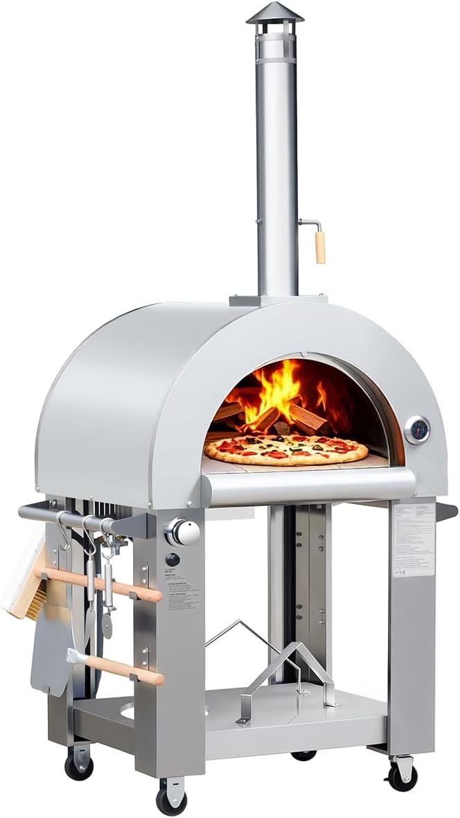 32.5 Dual Fuel Pizza Oven - Wood Fired or Propane Gas Fueled, Large Outdoor Oven with 4 Casters, 8 pcs Pizza Stones for BBQ, Grilling, 430 Stainless Steel Pizza Oven for Backyard, Camping and Party