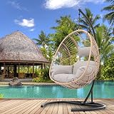 Melpomene Swing Chair with Stand, Outdoor Indoor Wicker Rattan Hanging Chair Swing Egg Chair with Cu