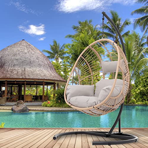Melpomene Swing Chair With Stand, Outdoor Indoor Wicker Rattan Hanging Chair Swing Egg Chair With Cushion And Pillow For Patio Balcony Bedroom,Natural #TOP22